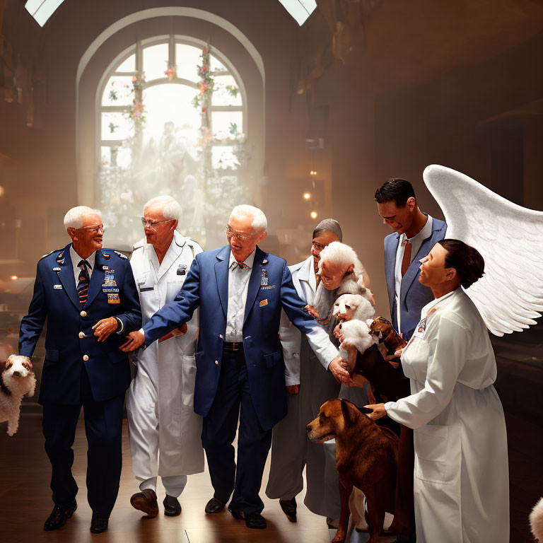 Elderly Men, Angelic Figure, Dogs in Warm Sanctuary