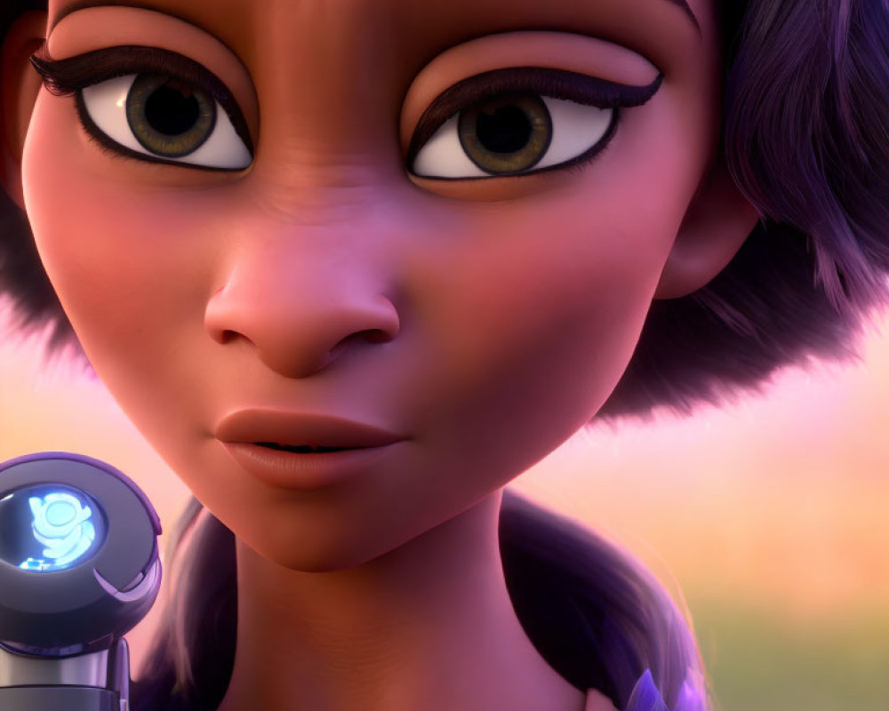 Detailed 3D animated female character with dark hair and robotic arm at sunset