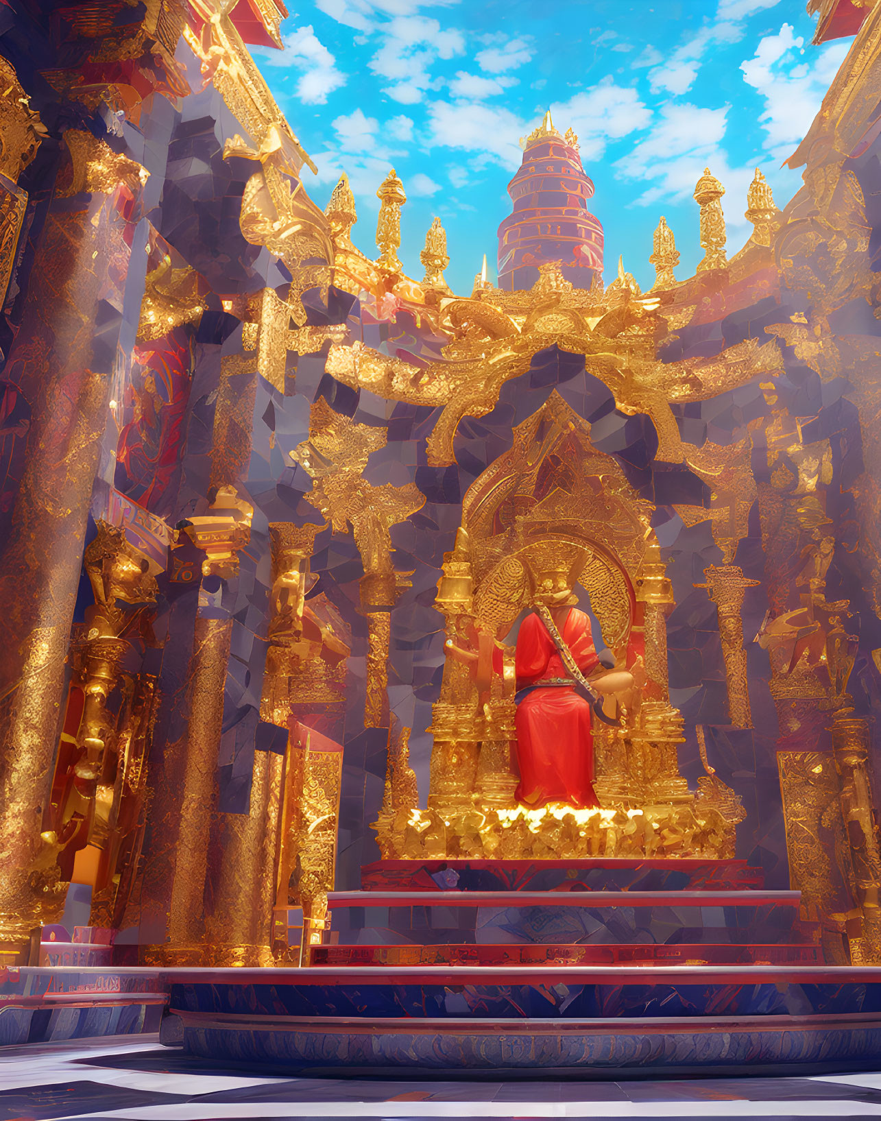 Golden Temple with Intricate Designs and Serene Figure in Red Robes