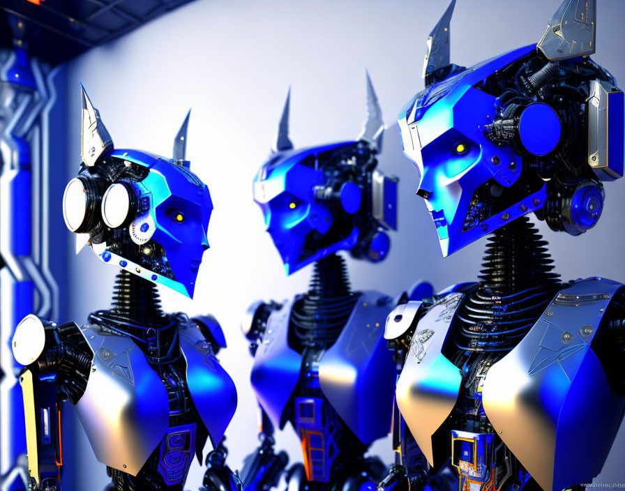 Three intricate blue and silver robotic figures in humanoid form on blurred backdrop