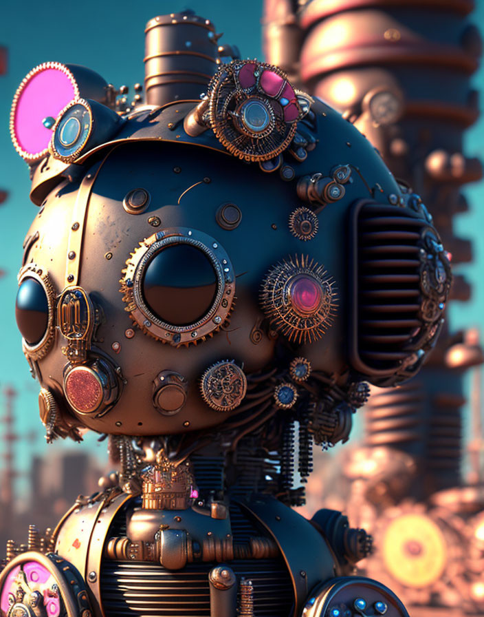 Intricate Steampunk Robot Head with Gears on Industrial Background