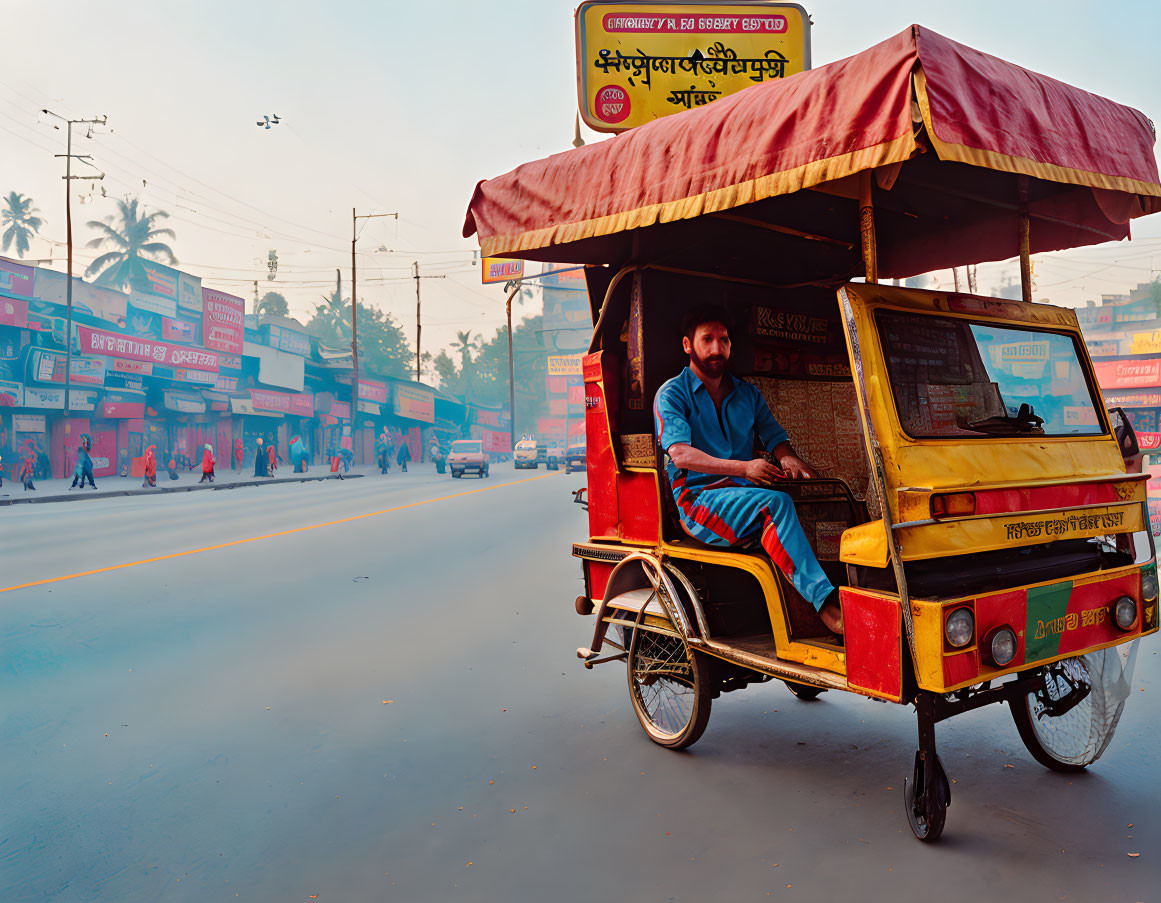 Colorful Auto-Rickshaw Driver Waiting on Hazy Street