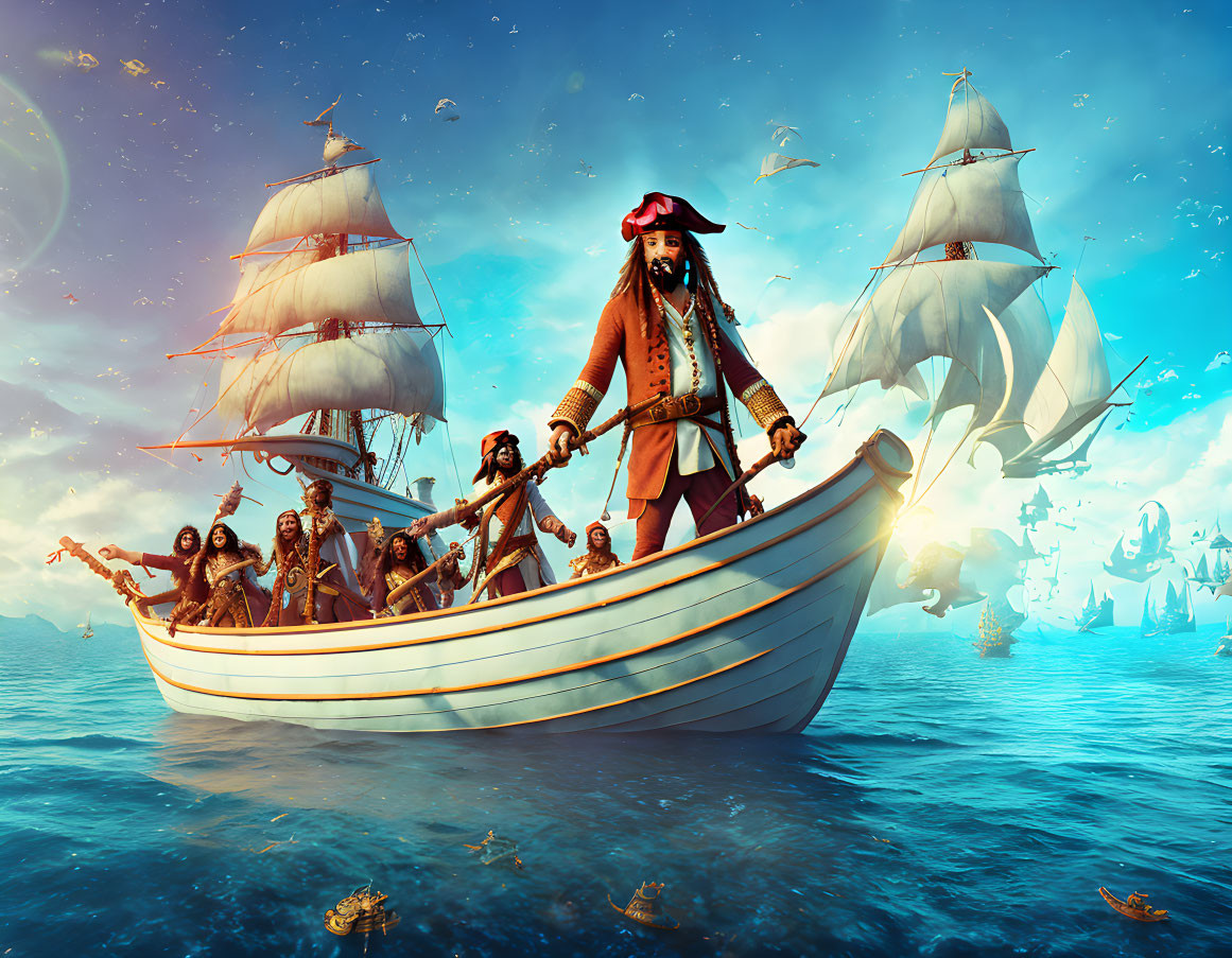 Stylized pirate crew rowing in surreal oceanic setting