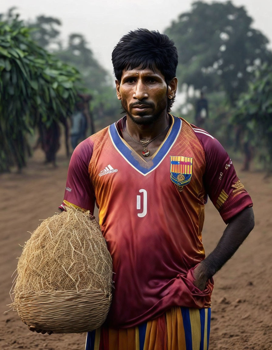Serious man holding haystack in burgundy sports jersey on dusty field
