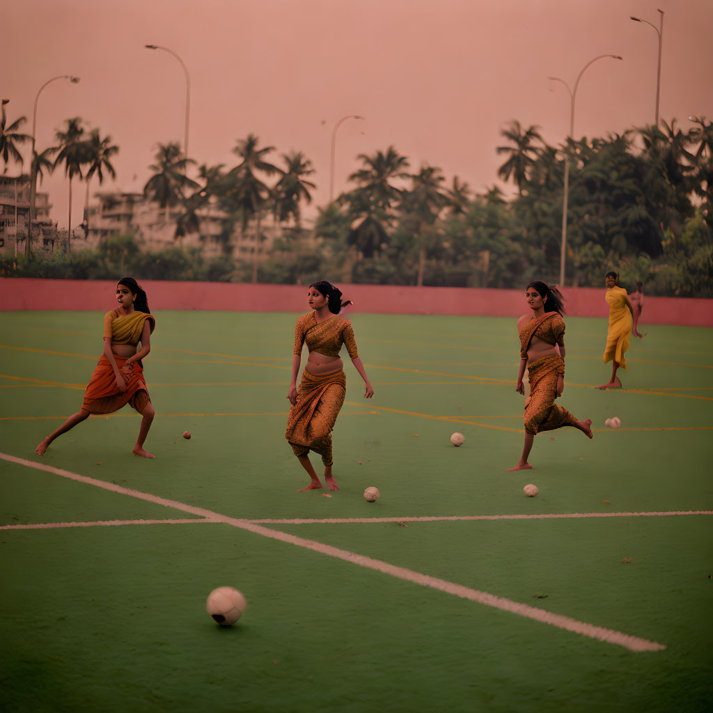 Women in traditional attire play football on green pitch under pink sky