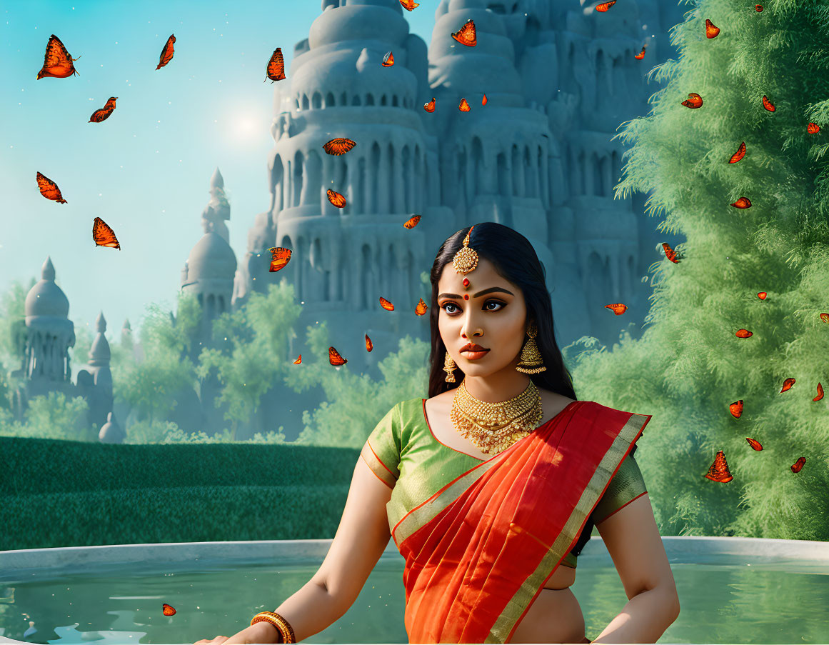 Traditional Indian Attire Woman Surrounded by Butterflies and Palace