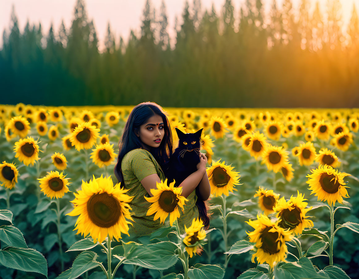 Woman in green dress with black cat in sunflower field at sunset
