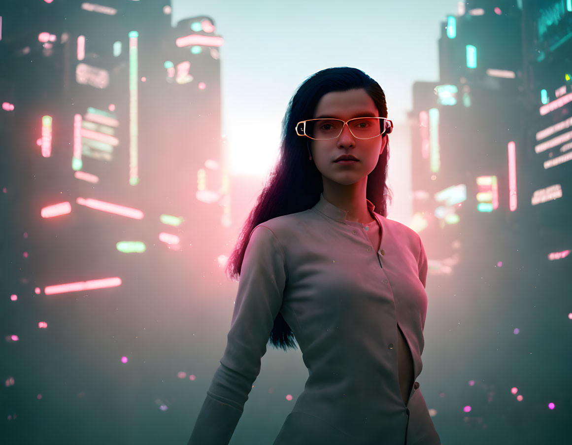 Woman with glasses in futuristic city at dusk with neon lights.