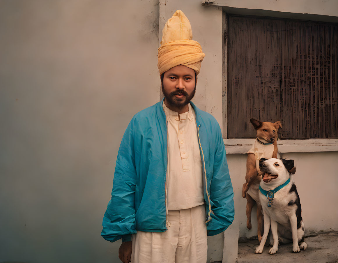 Traditional Turbaned Man with Two Dogs Against Wall with Window