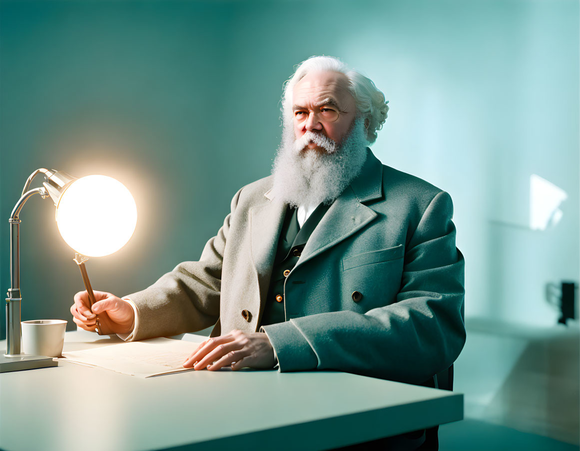 White-bearded person sitting at desk with pen and papers under lamp