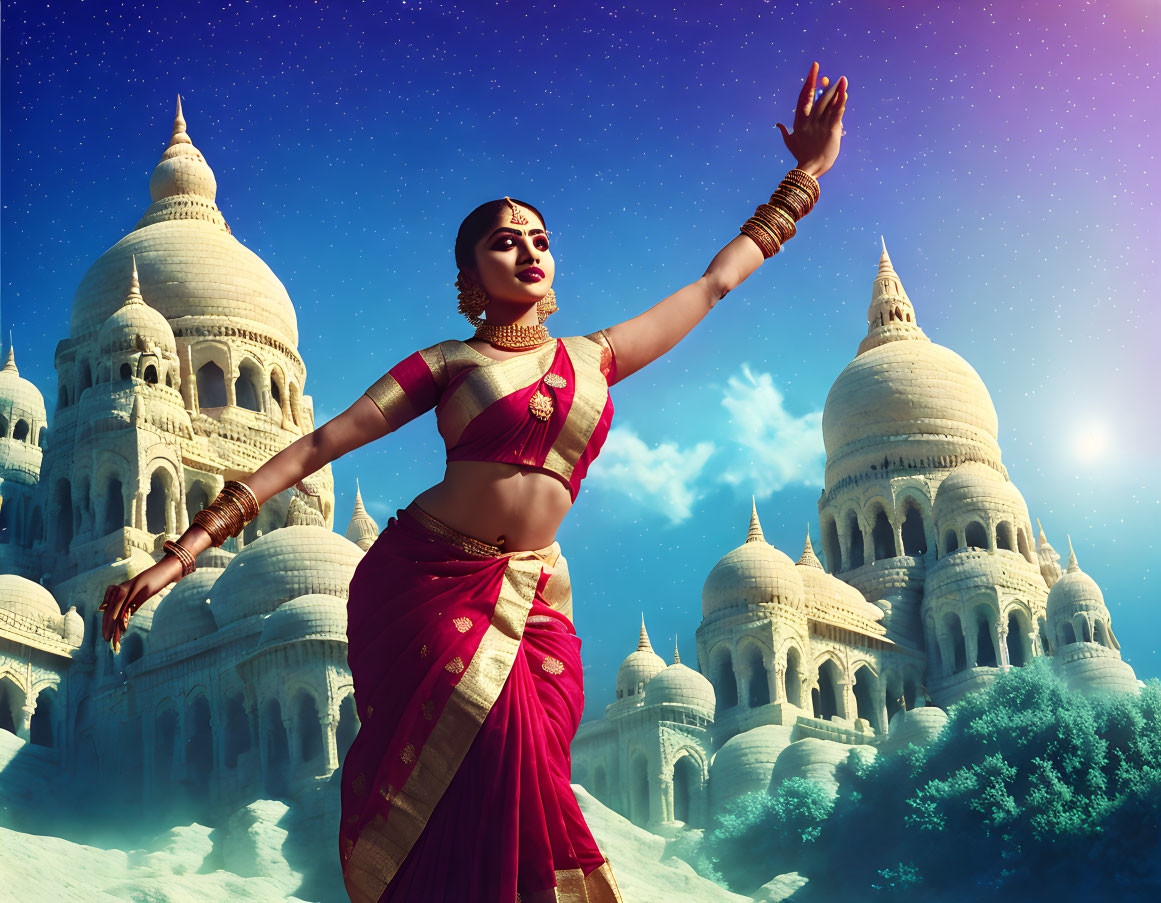 Traditional Indian Dance Attire Woman Poses Against Grand Domed Structures