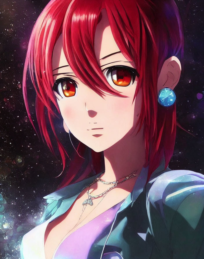 Detailed portrait of female anime character with red hair and golden eyes against starry backdrop
