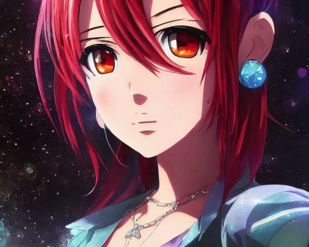 Detailed portrait of female anime character with red hair and golden eyes against starry backdrop