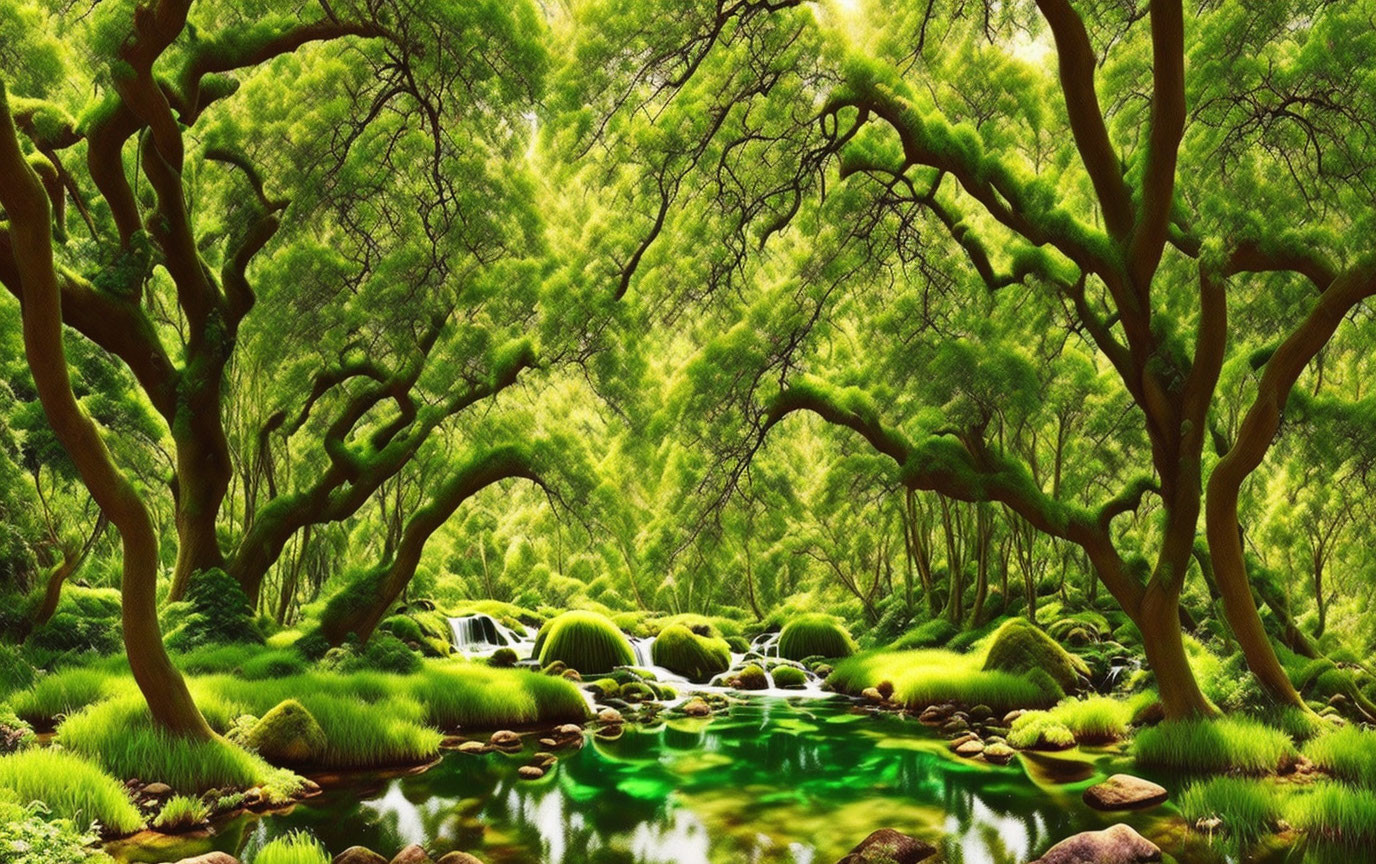 Serene stream in lush green forest with twisted trees and moss-covered rocks