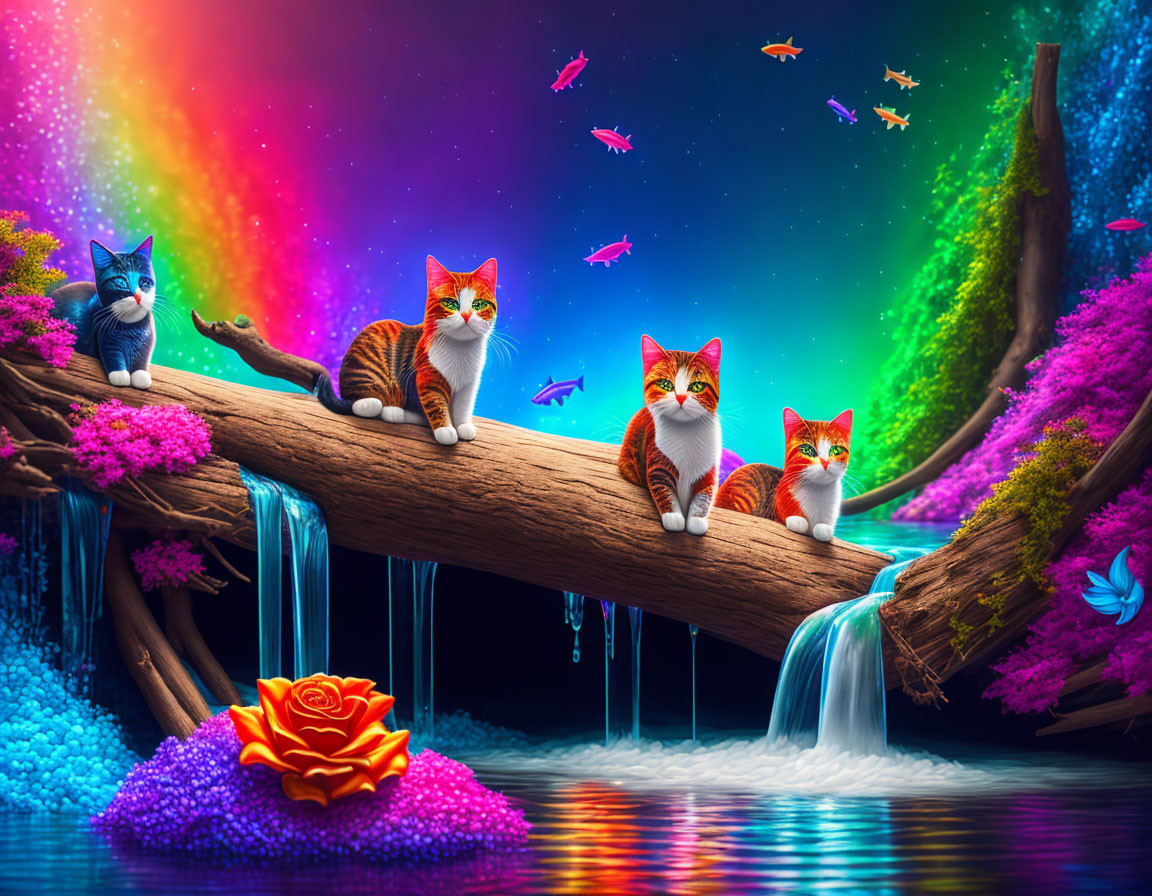 Vibrant orange and white cats on fallen log over waterfall amid colorful flora and night sky
