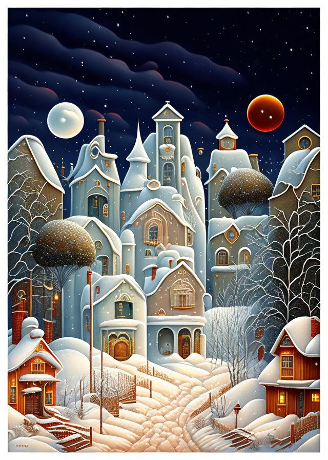 Snow-covered whimsical houses under starry sky in winter