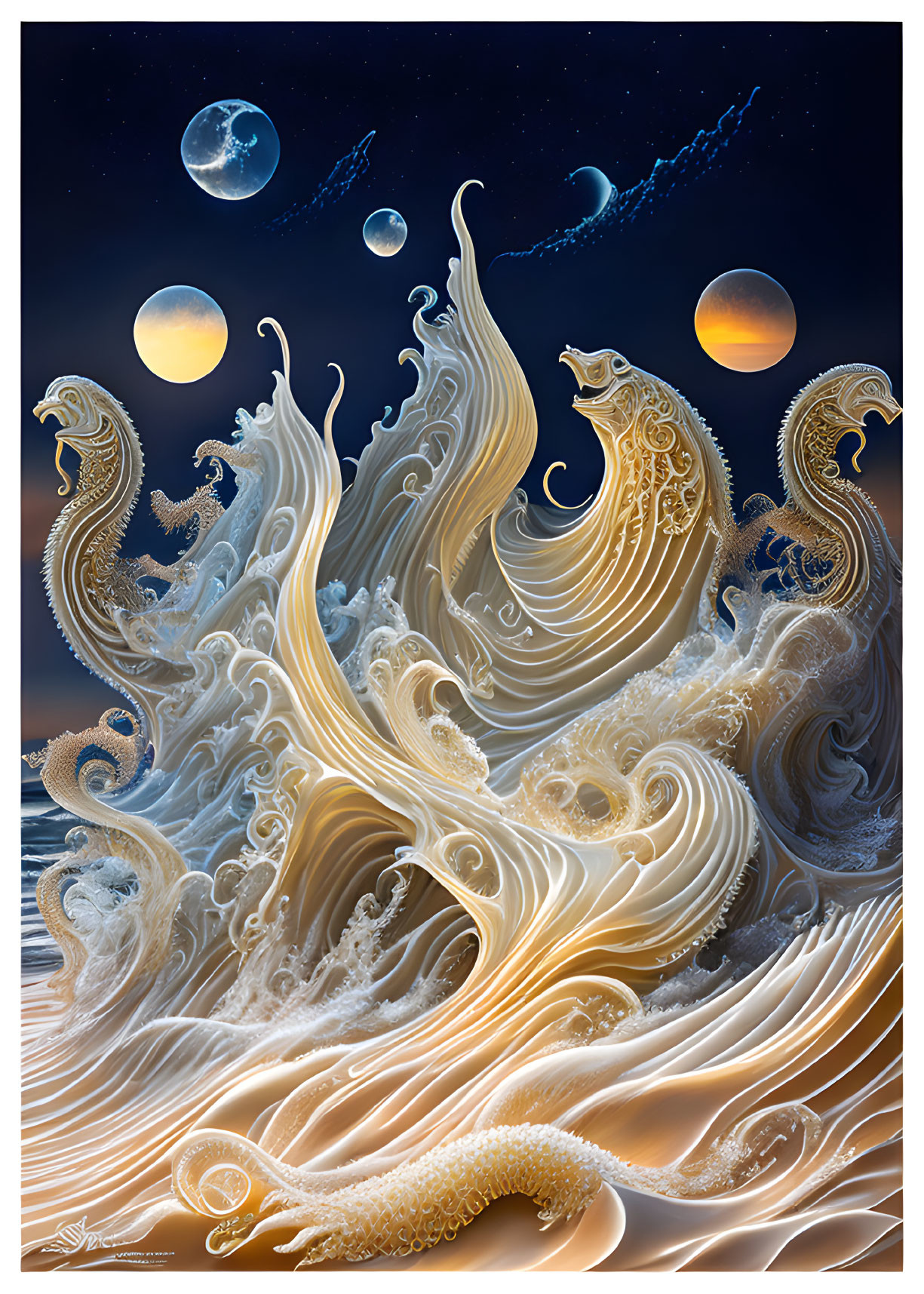 Golden Dragon-Shaped Waves in Night Sky with Planets and Shooting Stars
