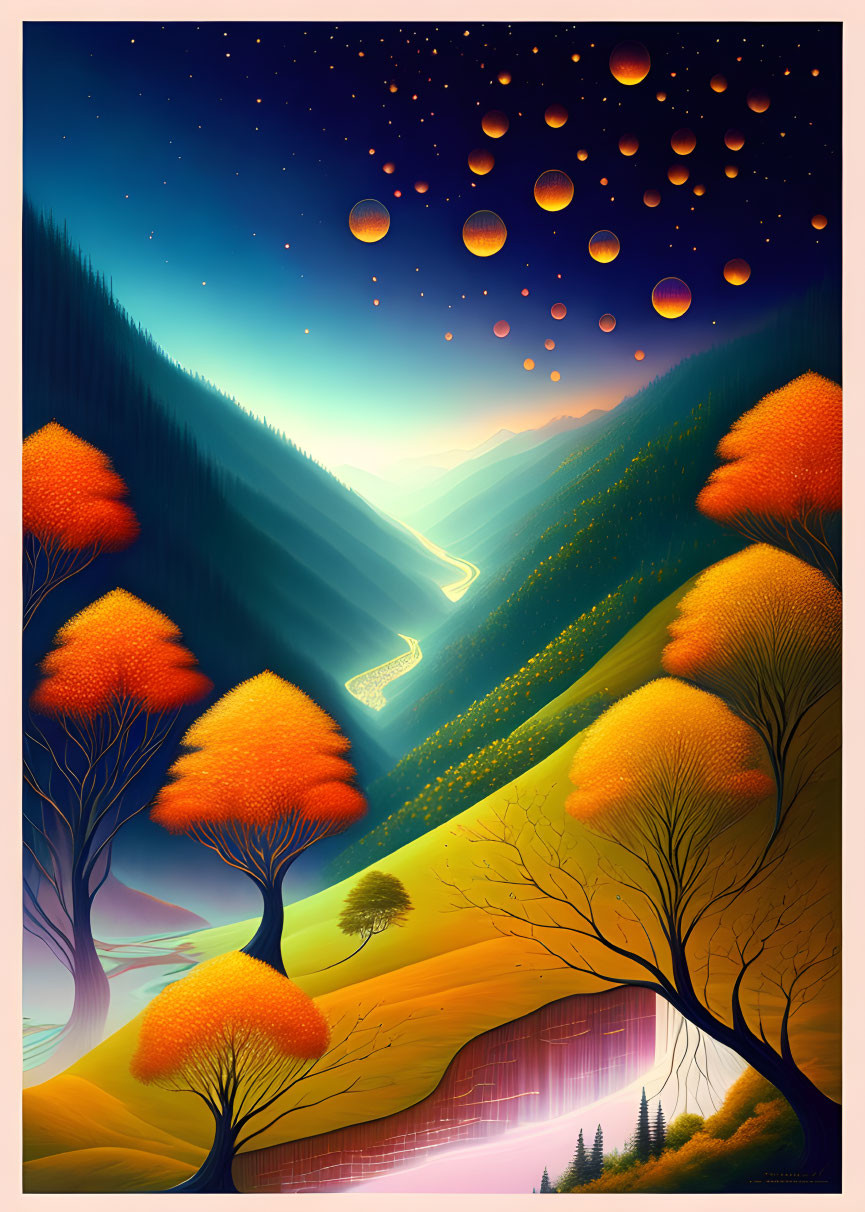 Colorful artwork: Luminous river in autumn hills under starry sky