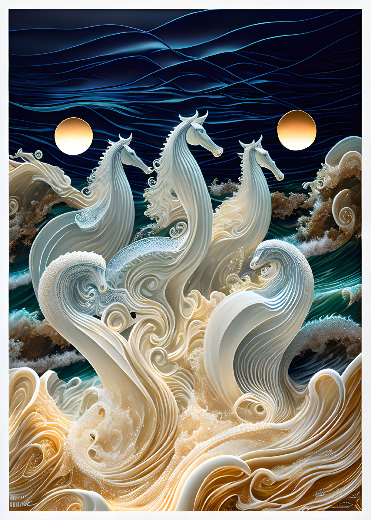 Stylized white horses in ocean waves under dark sky