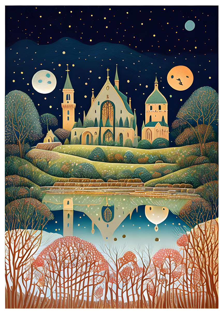 Illustration of quaint village with church, steeple, houses, river, bridge, starry