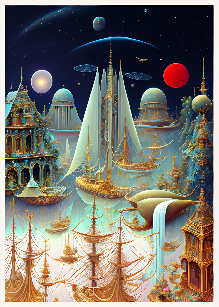 Fantasy landscape with golden structures, sailing ships, waterfalls, planets under starry sky