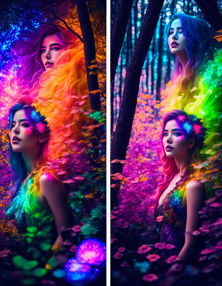 Colorful Hair and Makeup Woman in Neon Forest Setting, Two Poses