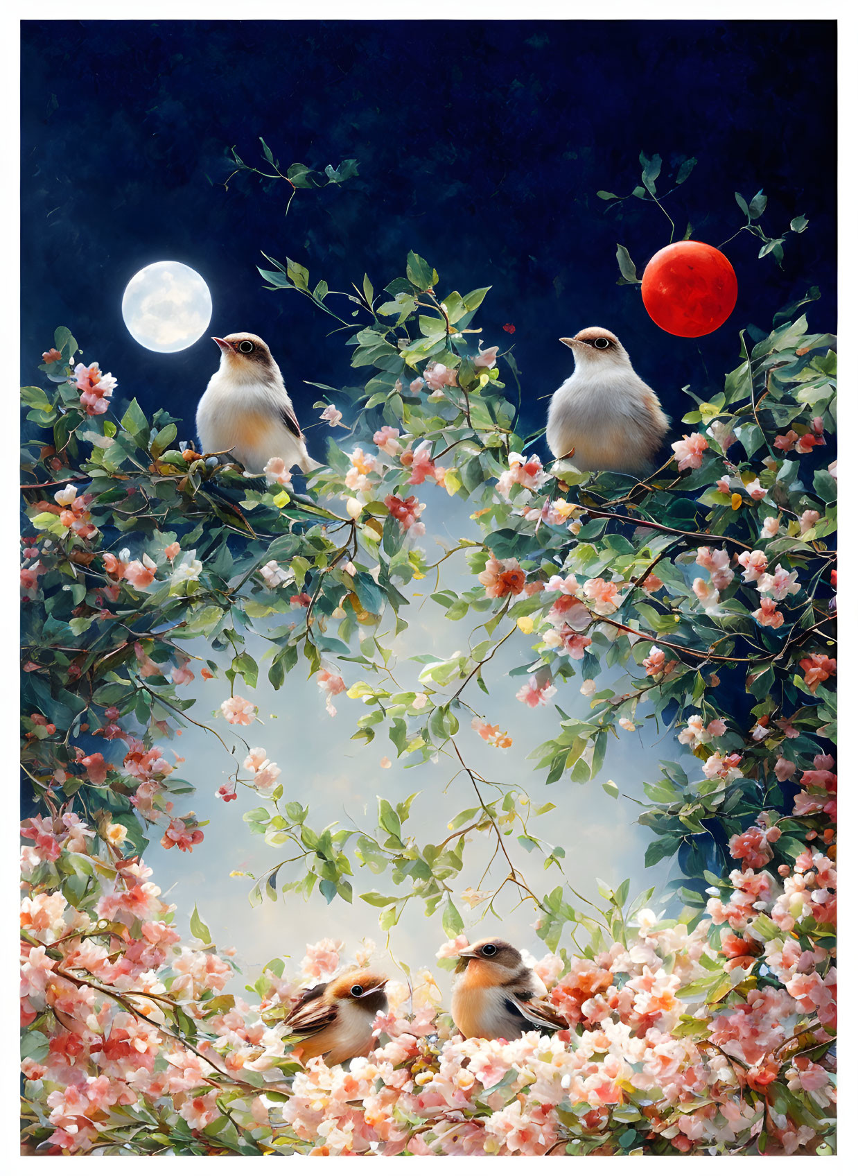 Four birds on flowering branches under white and red moonlit sky