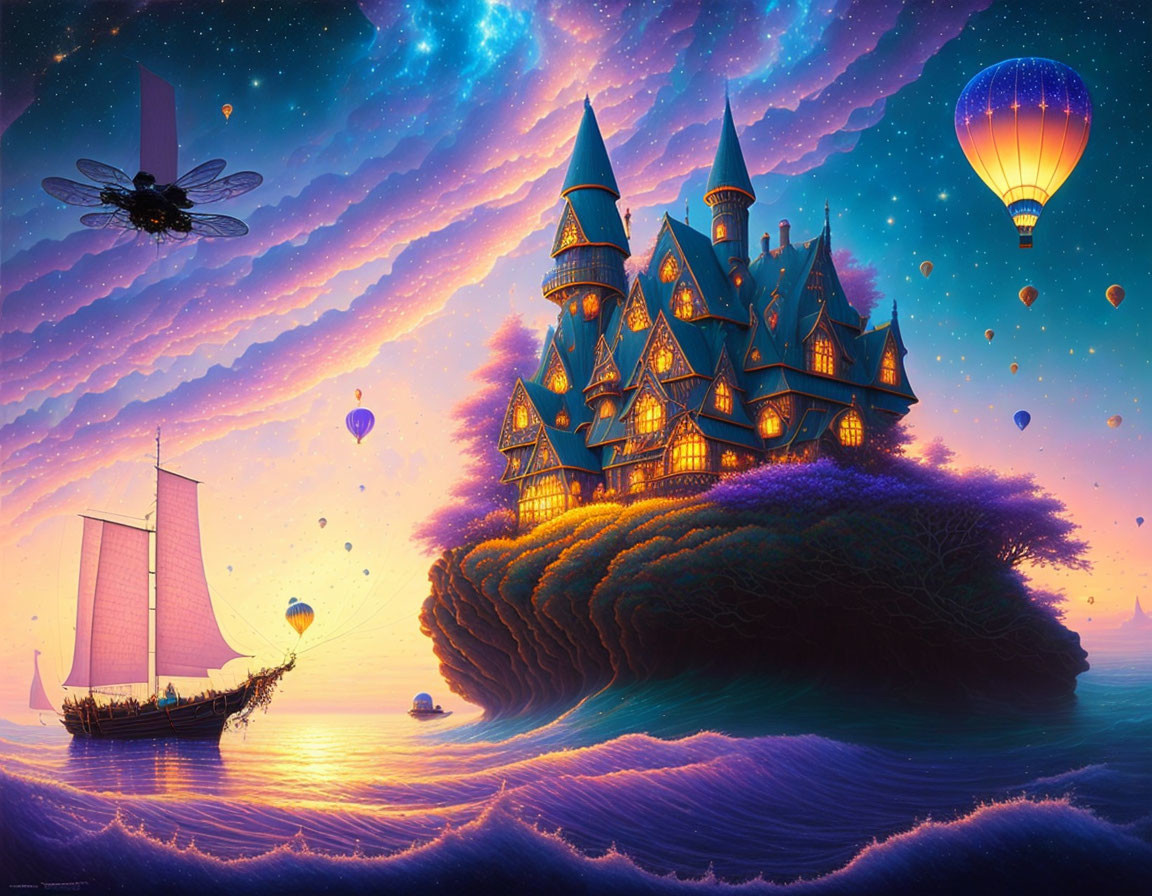 Glowing castle on cliff with hot air balloons & surreal sky