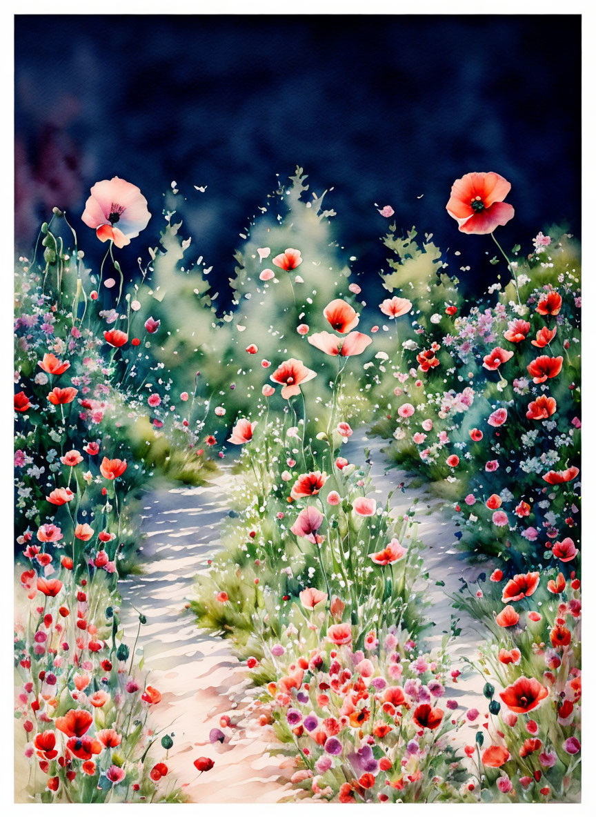 Colorful watercolor painting of garden path with poppies and white flowers on dark background