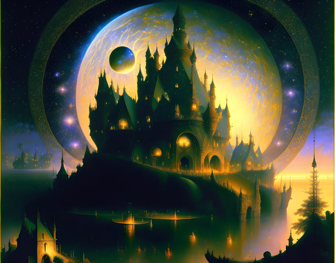 Fantasy castle with spires under starry sky and large moon, glowing windows, serene lake