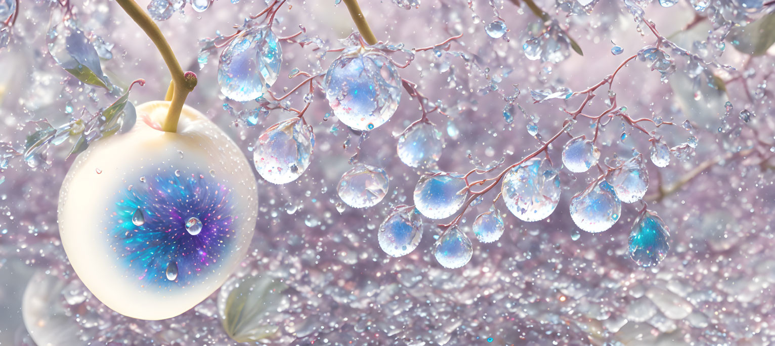 Fantasy image: Luminous fruit on branch with galaxy water droplets in mist