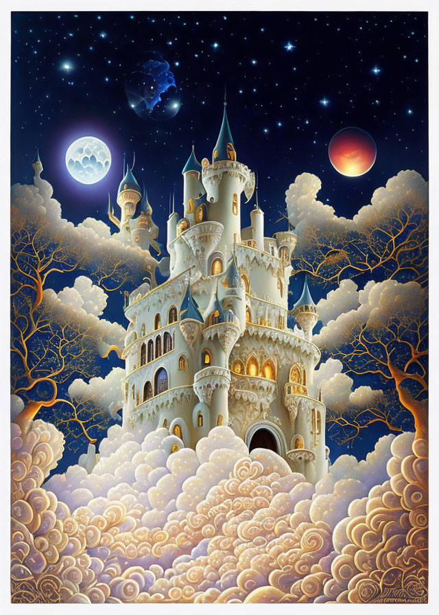 Fantasy castle on clouds with moon, planet, and comet in starry sky
