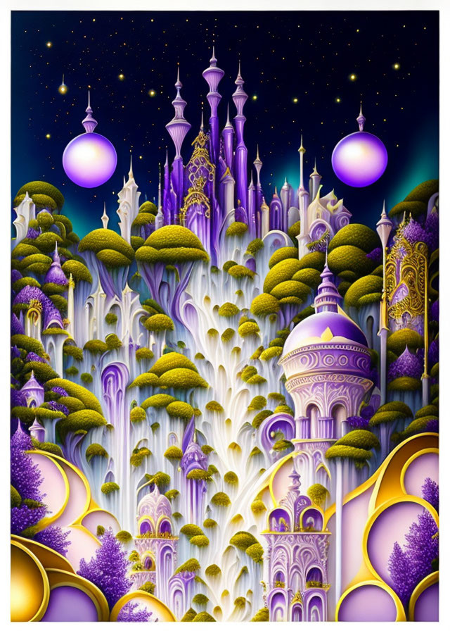 Fantastical dreamlike castle with spires and waterfalls in starry night scene