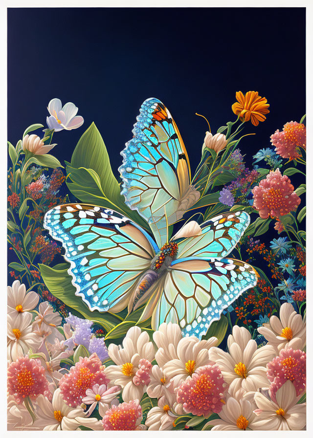 Colorful Blue Butterfly on White Flowers with Dark Background