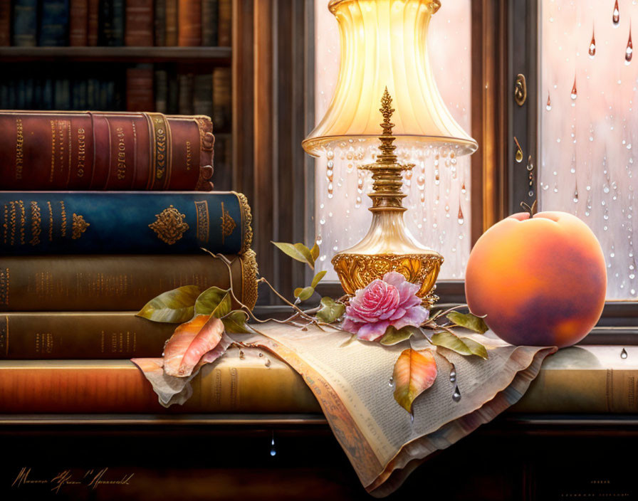 Still-life with illuminated lamp, books, peach, rose, and rain-streaked window.