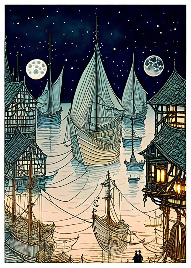 Night-time harbor scene with sailboats, stilt houses, two moons, and stars in pen-and