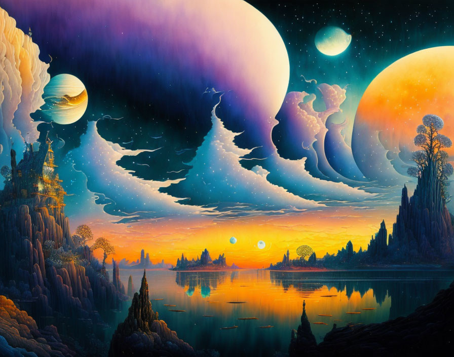 Fantasy landscape with multiple moons, castle, and celestial bodies over serene lake