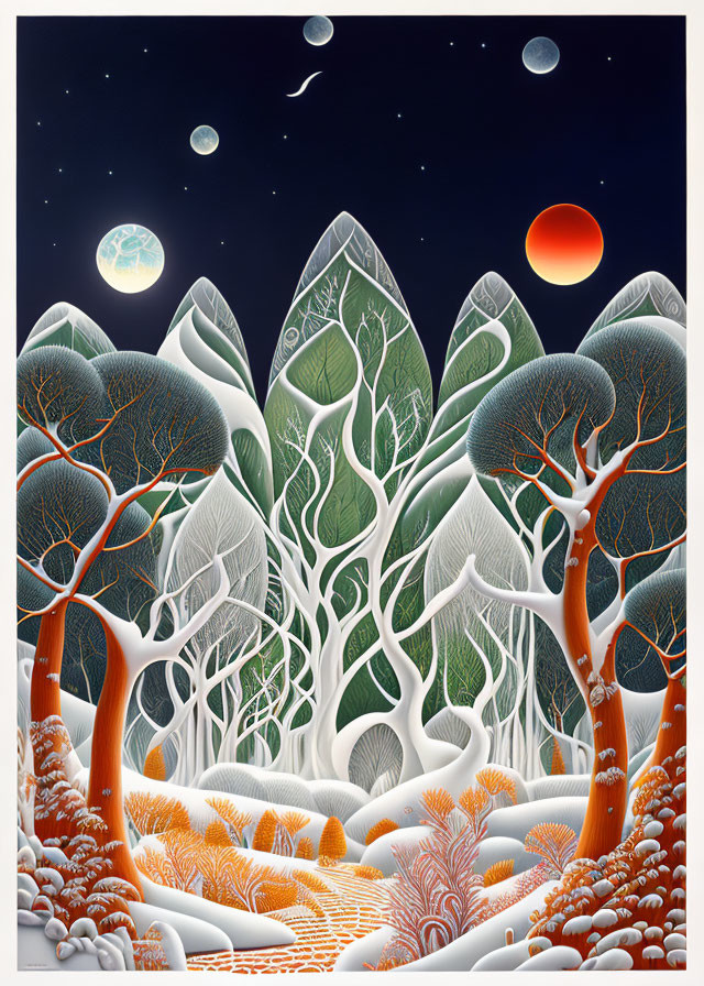 Fantastical landscape with stylized trees, snowy ground, multiple moons, and comet