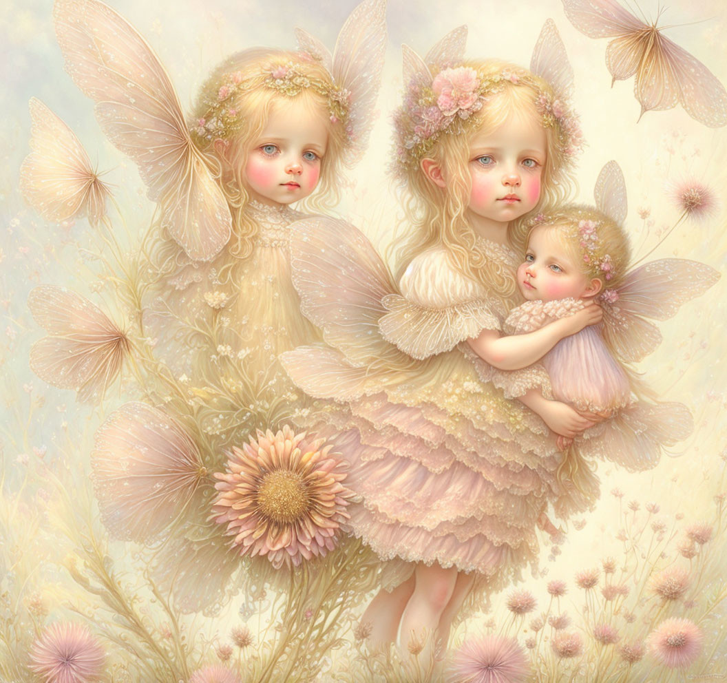 Ethereal fairy children with delicate wings and floral adornments in pastel setting