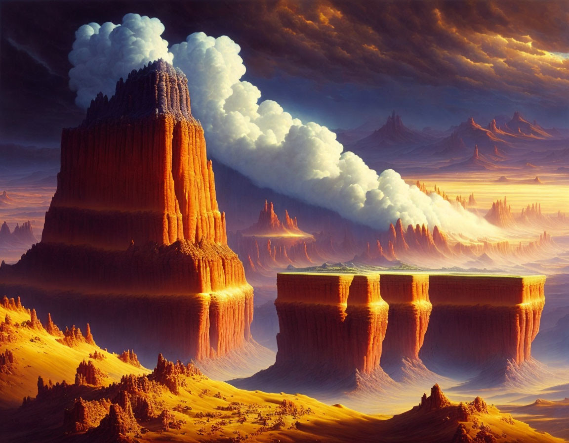 Fantastical landscape with smoking mountain and floating cliffs