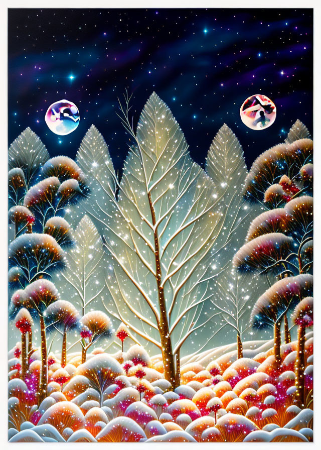 Snow-covered trees and glowing orbs in whimsical winter scene