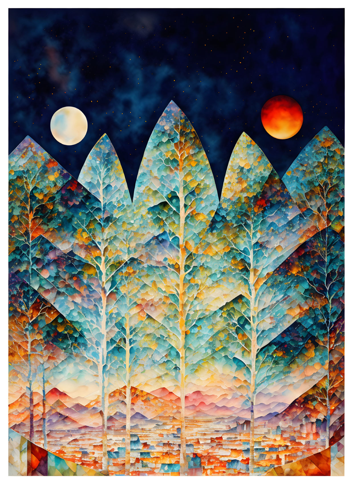 Vibrant forest scene with triangular trees under starlit sky