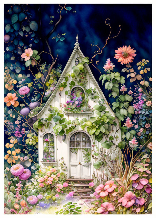Fairytale cottage illustration with colorful flowers on starry night sky
