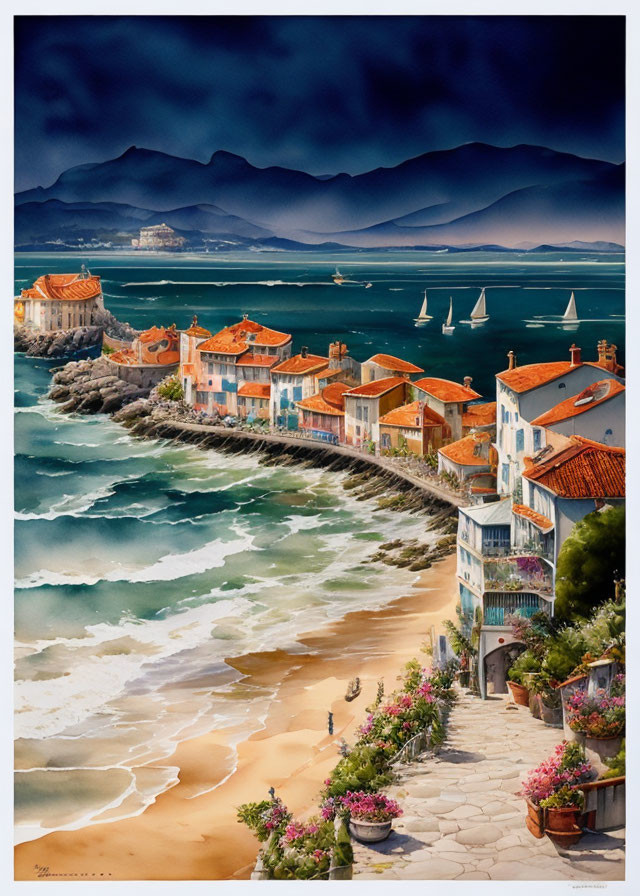 Colorful Coastal Village Painting with Sandy Beach, Boats, and Mountains