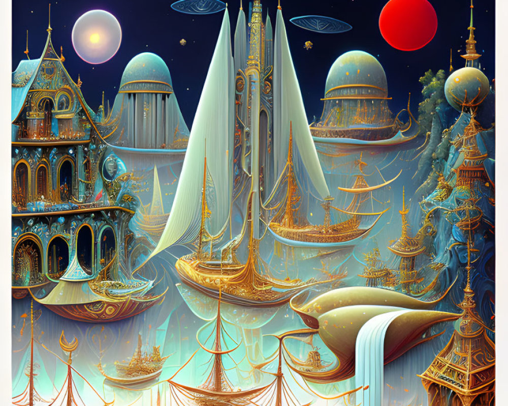 Fantasy landscape with golden structures, sailing ships, waterfalls, planets under starry sky