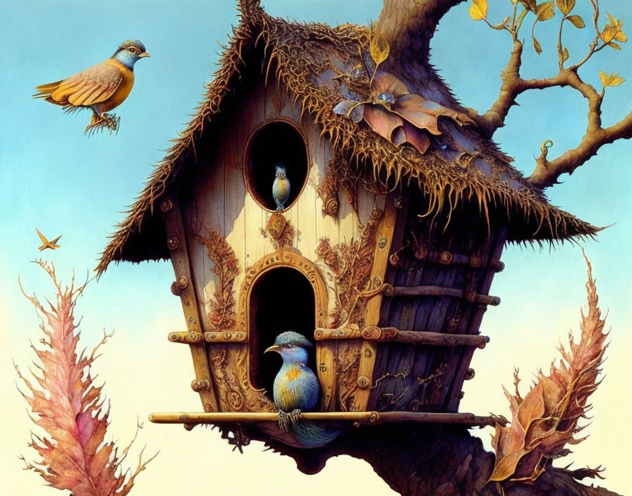 Colorful Birds Surrounding Thatched Roof Birdhouse