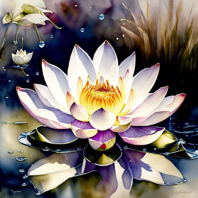 Colorful watercolor painting of blooming lotus with water droplets on petals