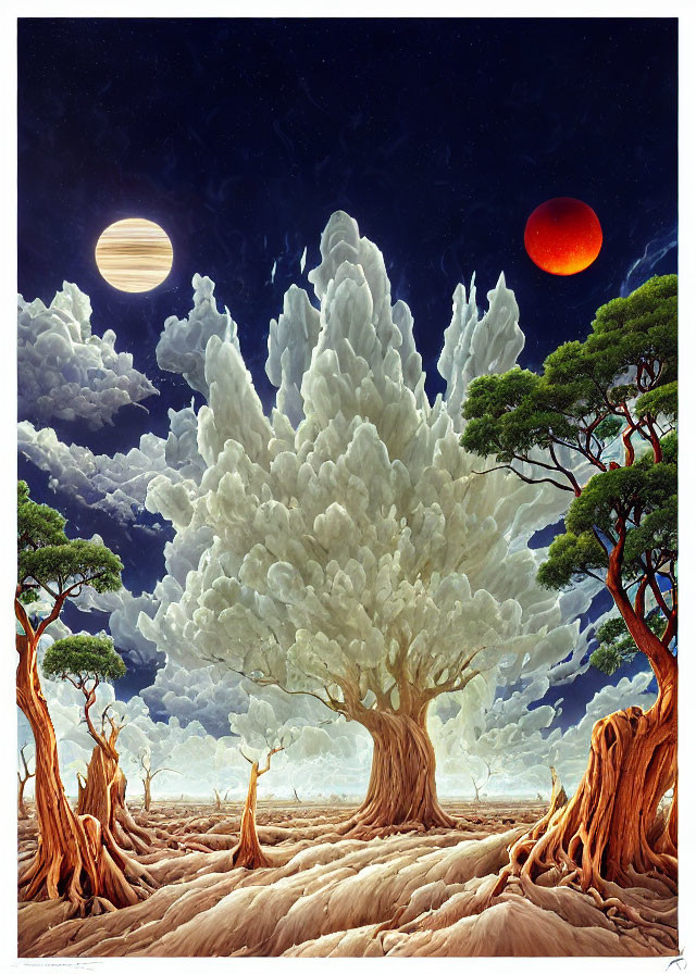 Surreal landscape with massive cloud-like tree, twisted trees, two moons in sky