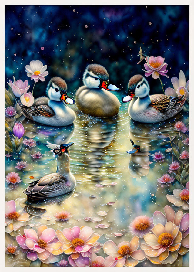 Tranquil family of ducks in a serene pond scene