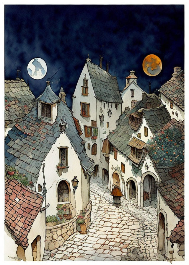 Tranquil cobblestoned village at night with contrasting moons and lush foliage